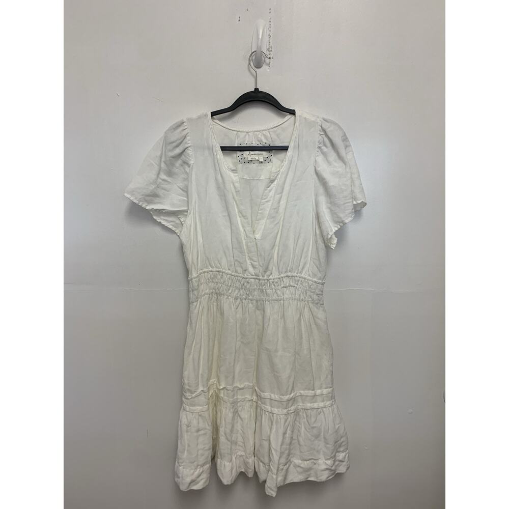 ANTHROPOLOGIE PILCRO Sz L White Ruffle V-Neck Linen Blend Dress